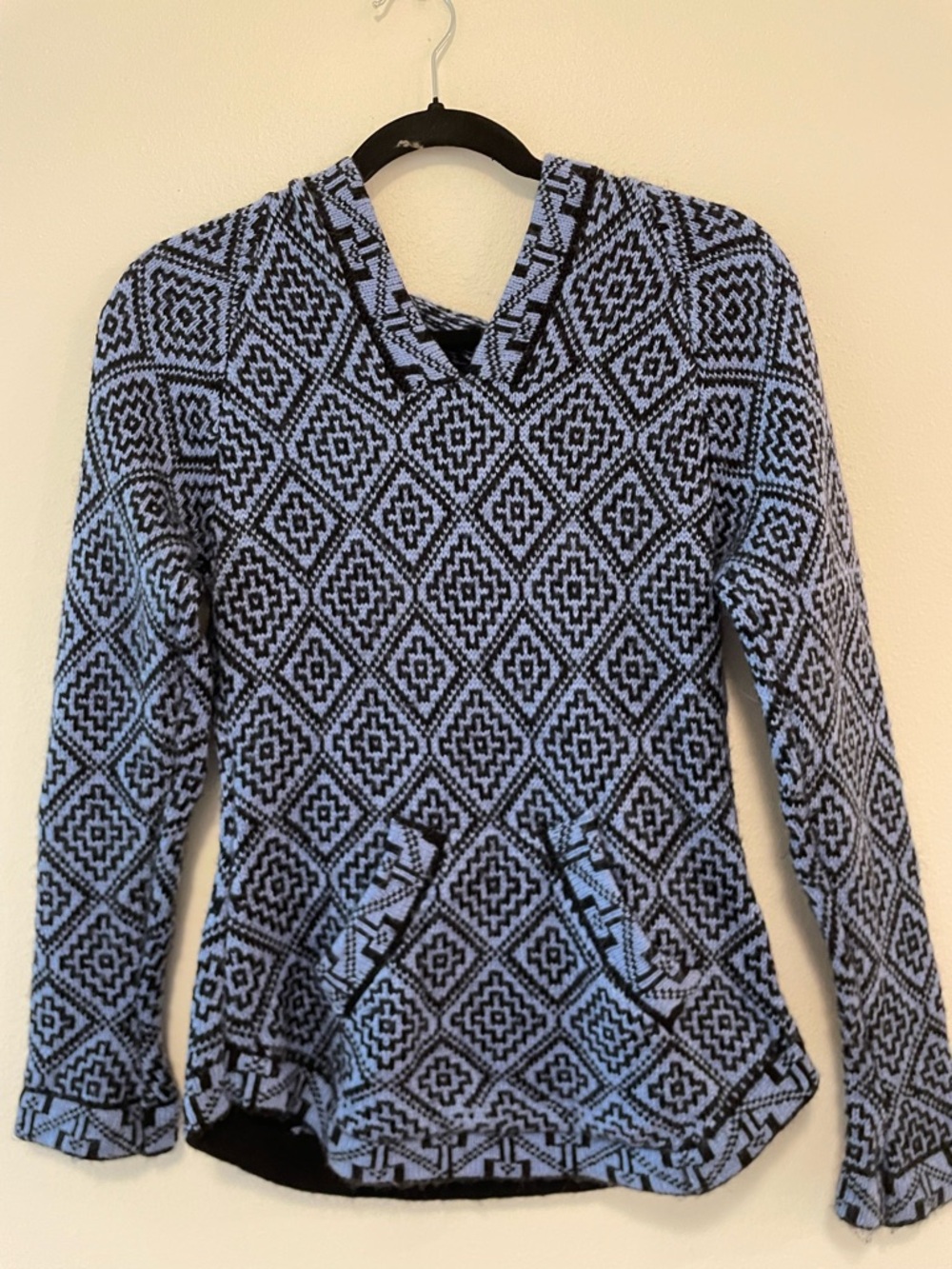 Alpaca Hooded Pullover in Light Blue and Black